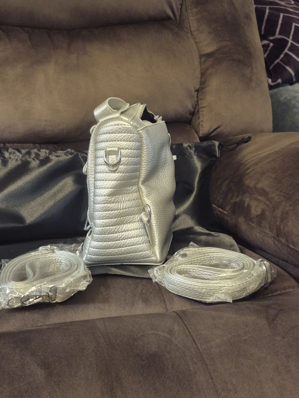 Metallic Silver Women’s Satchel Backpack - Textured Faux Leather
